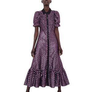 Zara- Purple & Black Metallic Chevron Shortsleeve Button Down Ruffle Long Dress